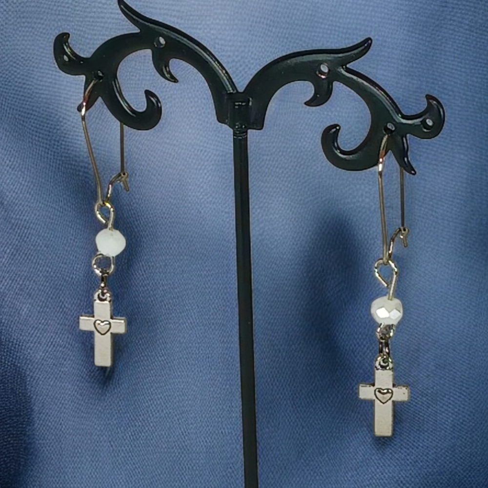 Silver Dangle Drop Cross Earrings with Hearts Lovecore Christian Jewelry Cowgirl